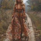 Model posing in embroidered maxi dress showing tiered skirt and drape