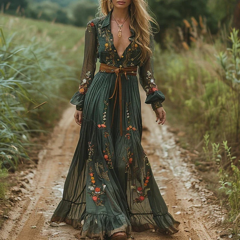 Women wearing floral embroidered chiffon maxi dress, full-length front view