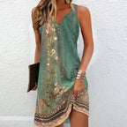 Woman wearing green floral sleeveless mini dress with V-neckline, front view