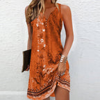 Woman posing in floral mini dress showing full length and fabric drape