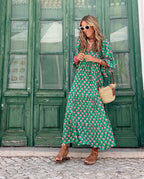 Back view of maxi dress showing tiered hem detail