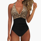 Close-up of halter neck strap and neckline detail
