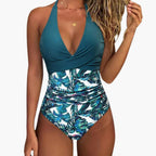 Overhead view of swimsuit showing two-tone olive design