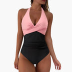 Side profile of halter swimsuit fit