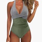 Women's striped halter neck one-piece swimsuit front view