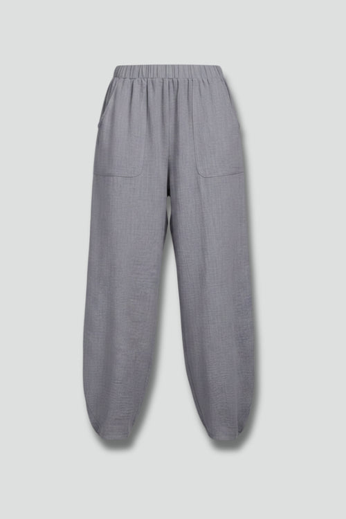 Grey relaxed fit jogger trousers with elasticated waist, front view
