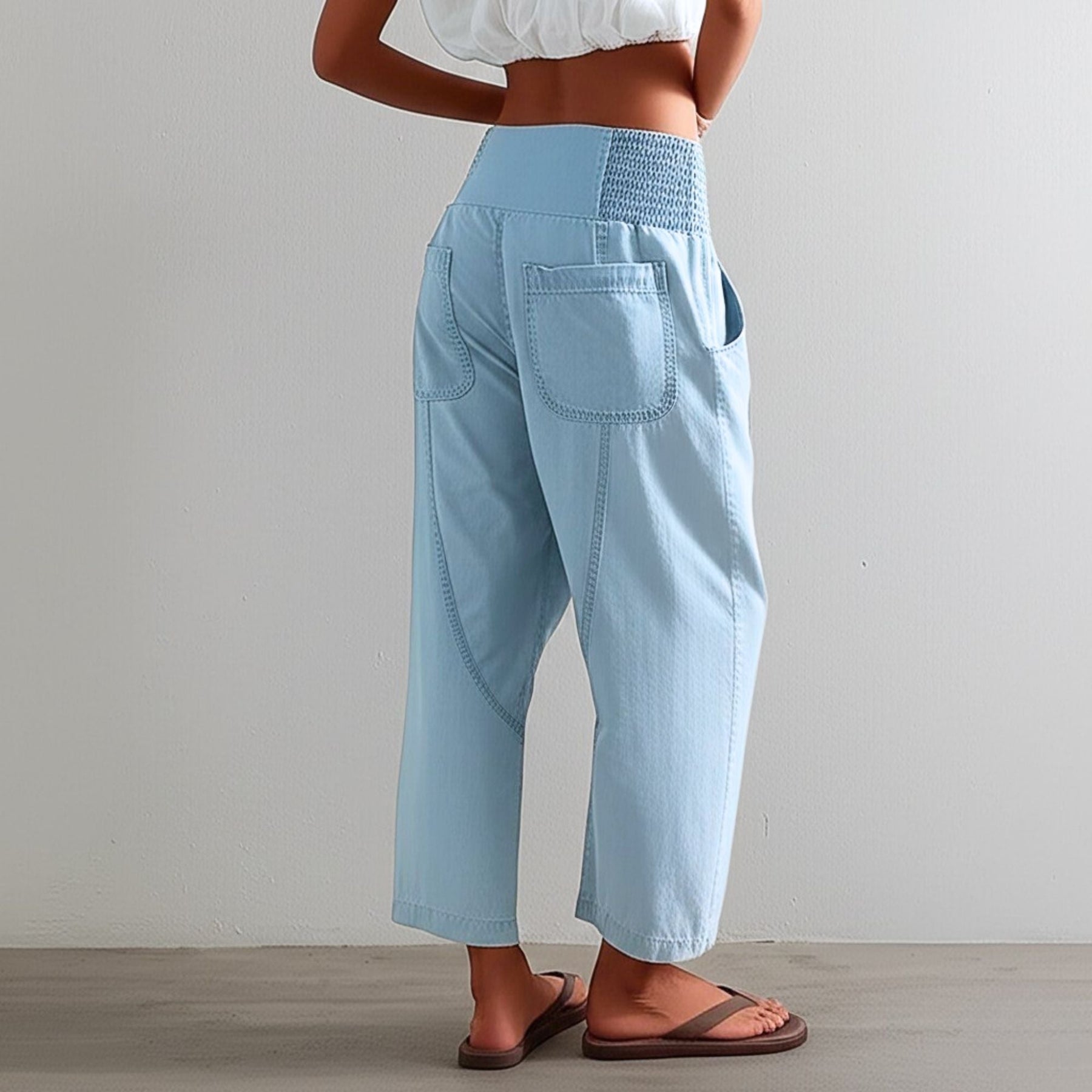 Close-up waist and hip area of trousers