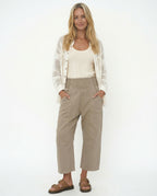 Side profile of cropped trousers on model