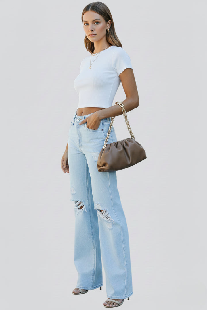 Light Blue Distressed Wide Leg High Waist Denim Jeans for Women
