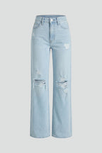 Light blue distressed wide leg high waist denim jeans, front view flat lay