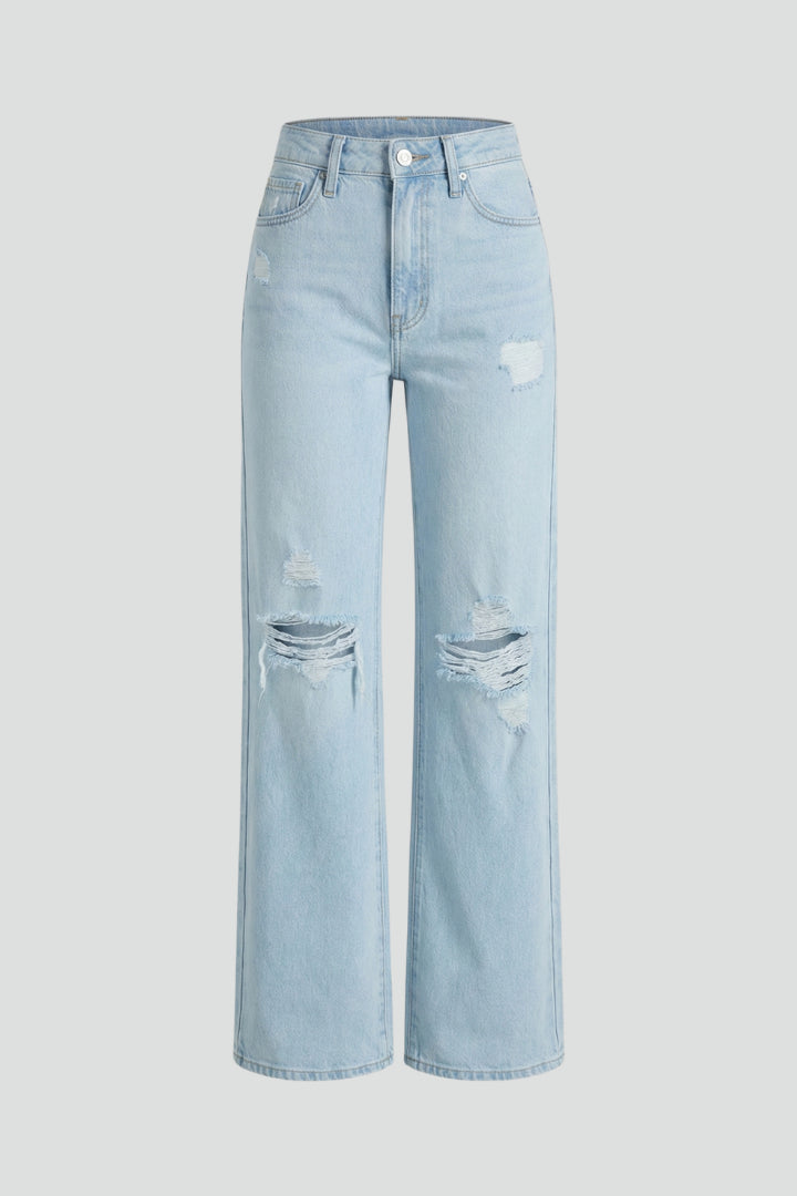 Light Blue Distressed Wide Leg High Waist Denim Jeans for Women