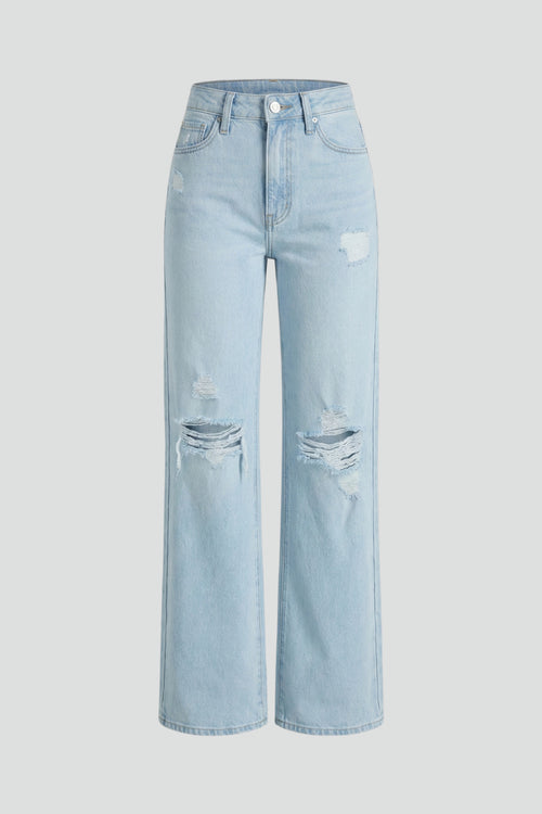 Light blue distressed wide leg high waist denim jeans, front view flat lay