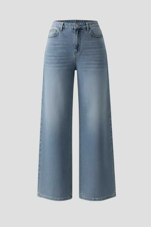 Light blue wide leg denim jeans with high waistband, front view