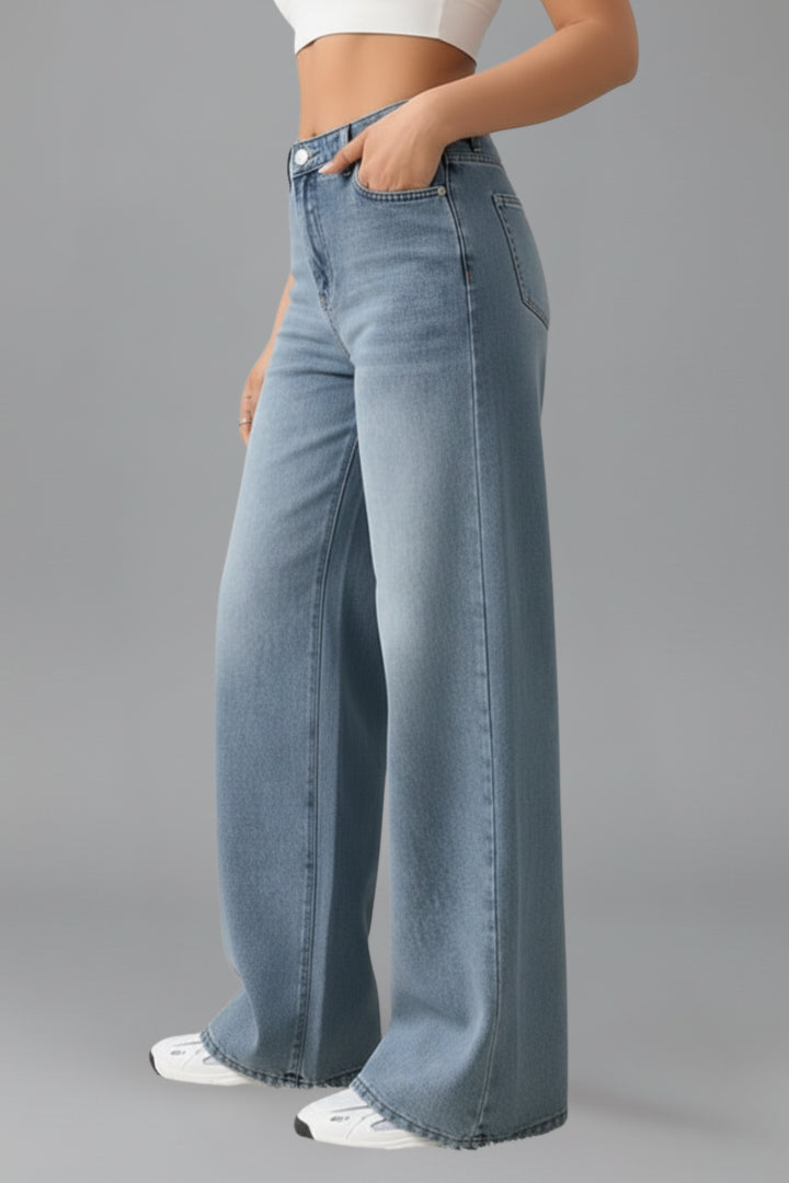 Light Blue High Waisted Wide Leg Denim Jeans for Women