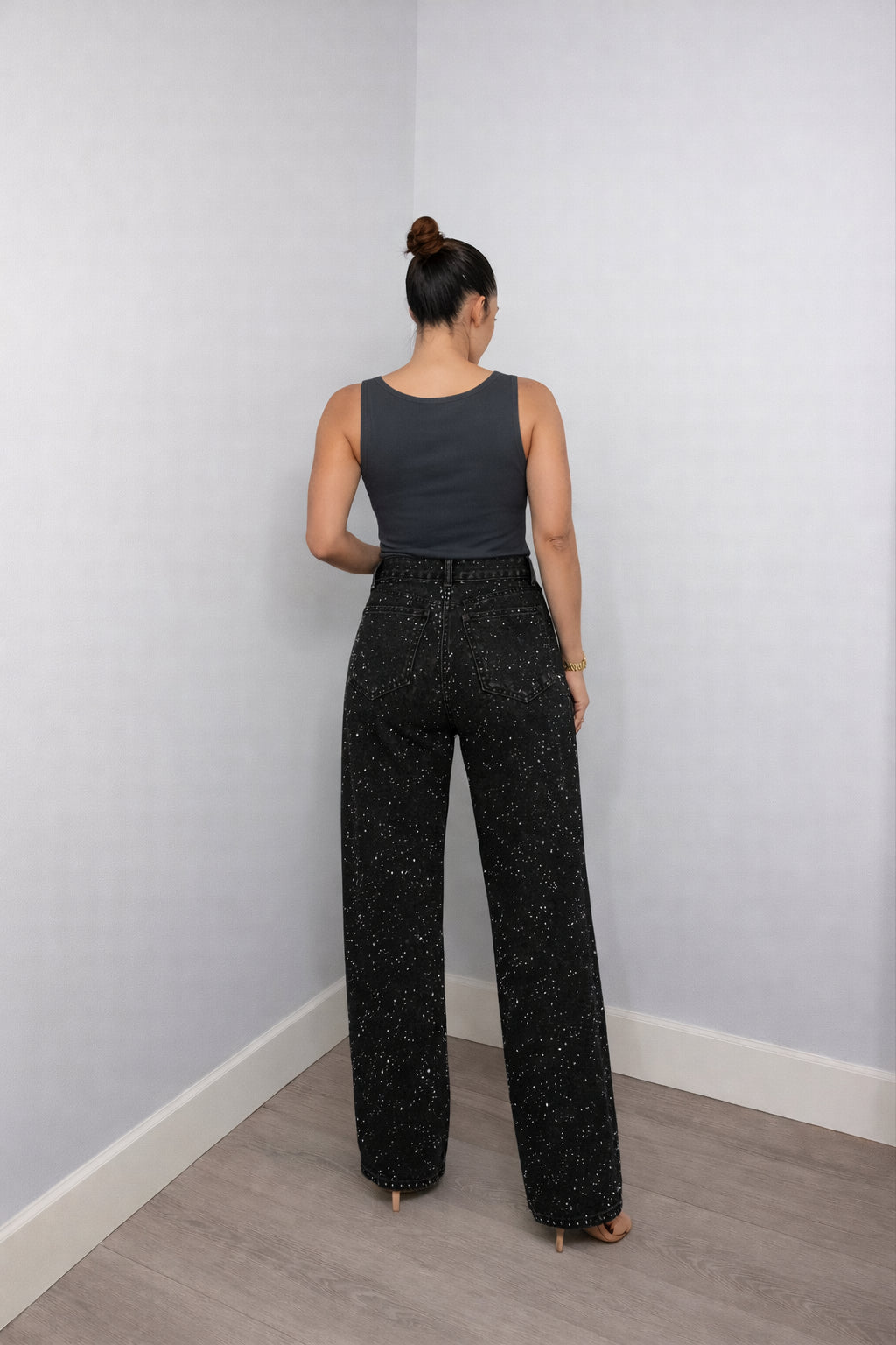 Rear view of high waisted wide leg jeans showing back pockets