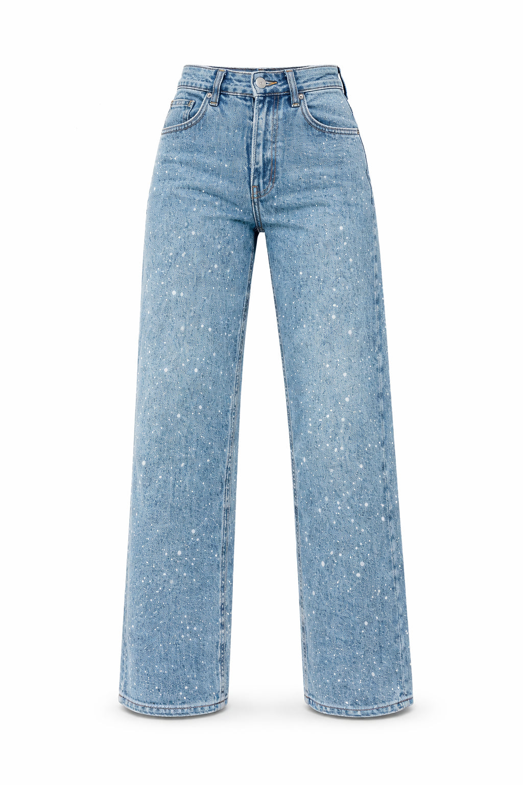 Model wearing glitter jeans, standing relaxed pose