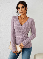 Lilac ribbed wrap front top, front view on model