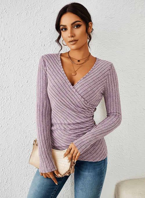 Lilac ribbed wrap front top, front view on model