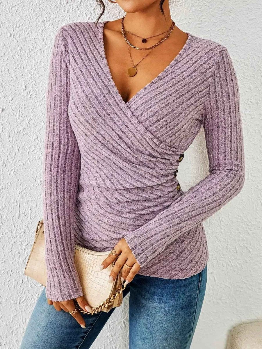 Model wearing lilac wrap top, side profile showing ruched detail