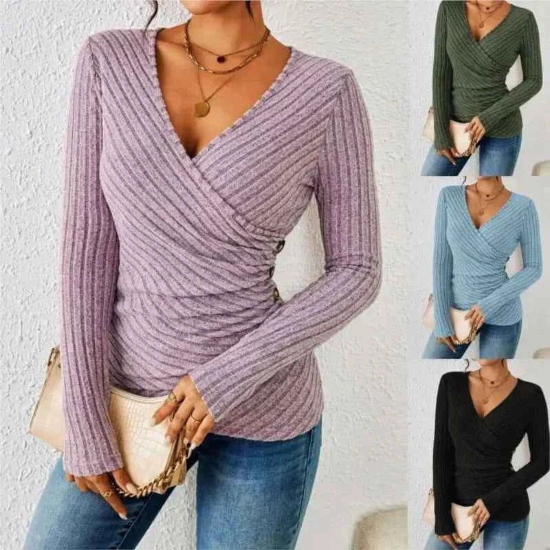 Detail shot of V-neckline and ruching on wrap front