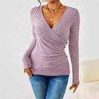 Full-length view of lilac wrap top with long sleeves