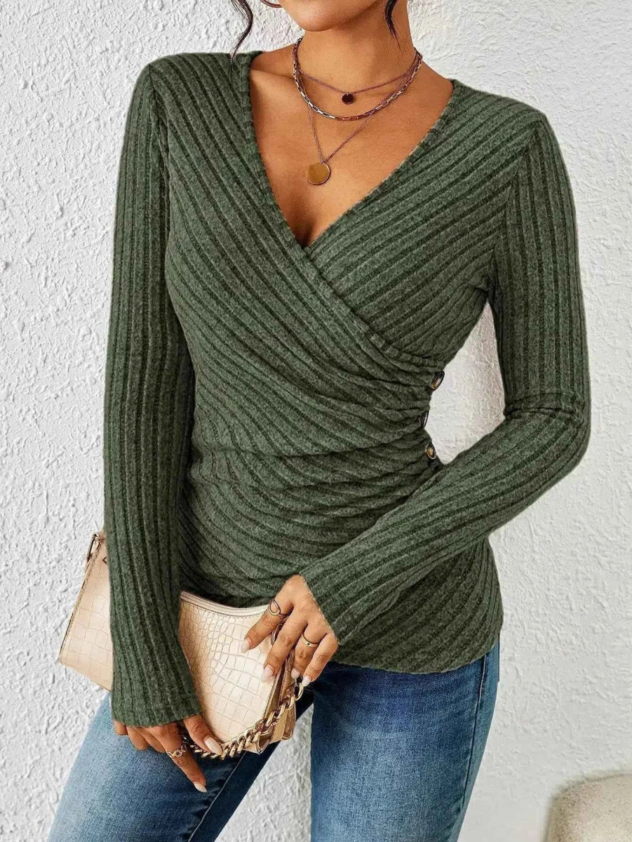 Close-up of ribbed knit fabric texture and wrap front tie