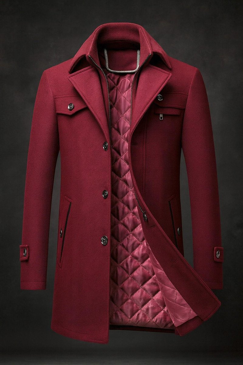 Manteau col montant doublure matelassée boutonné bordeaux pour homme