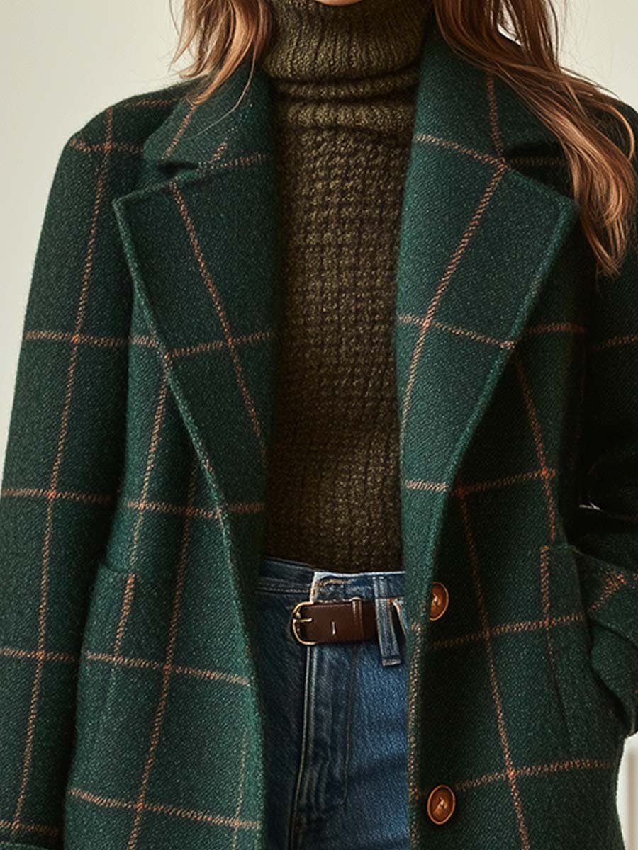 Manteau long à carreaux col tailleur pour femme