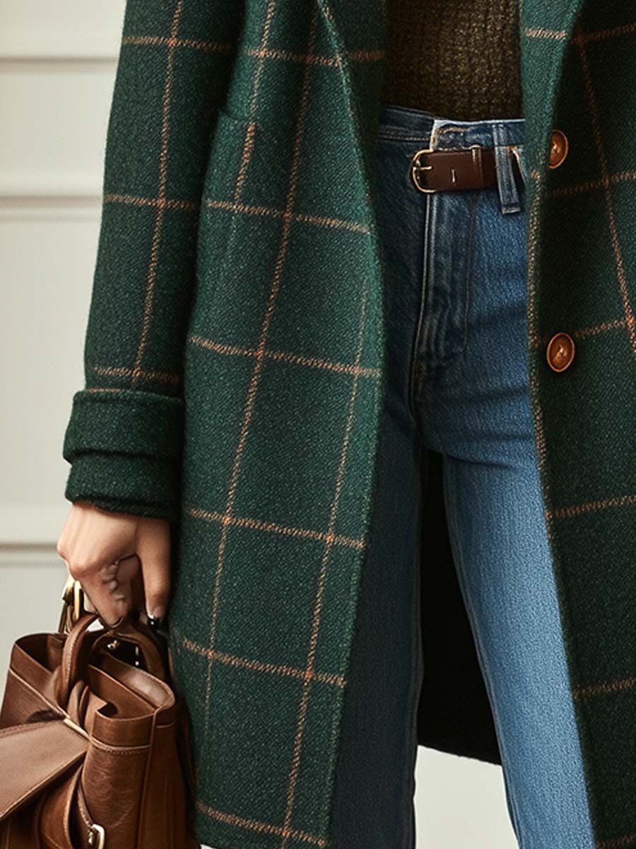 Manteau long à carreaux col tailleur pour femme – vue 2