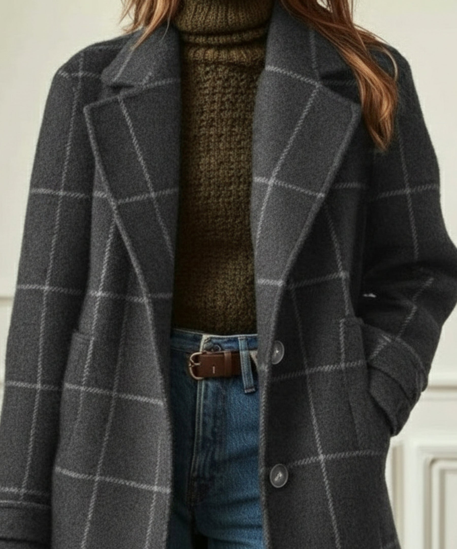 Manteau long à carreaux col tailleur pour femme – vue 3