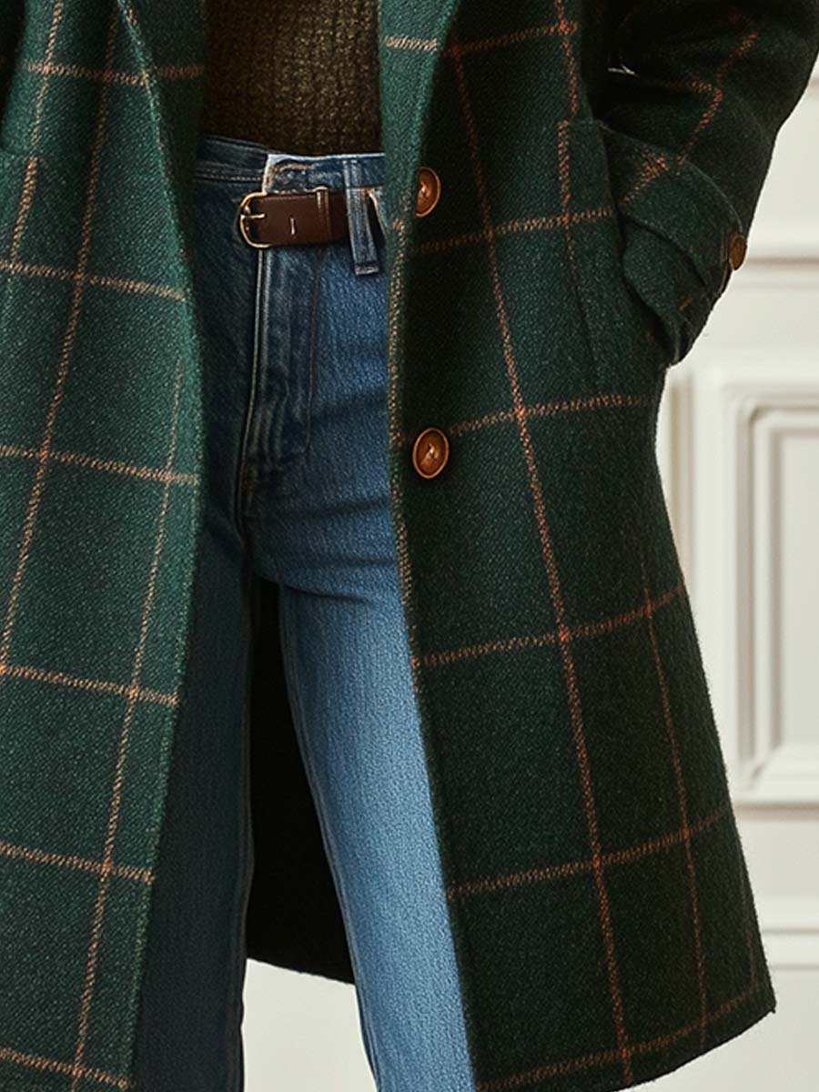 Manteau long à carreaux col tailleur pour femme – vue 4