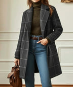 Manteau long à carreaux col tailleur gris pour femme