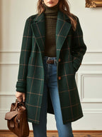 Manteau long à carreaux col tailleur vert foncé pour femme