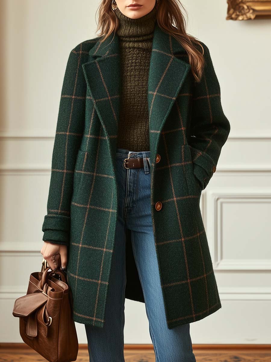Manteau long à carreaux col tailleur vert foncé pour femme