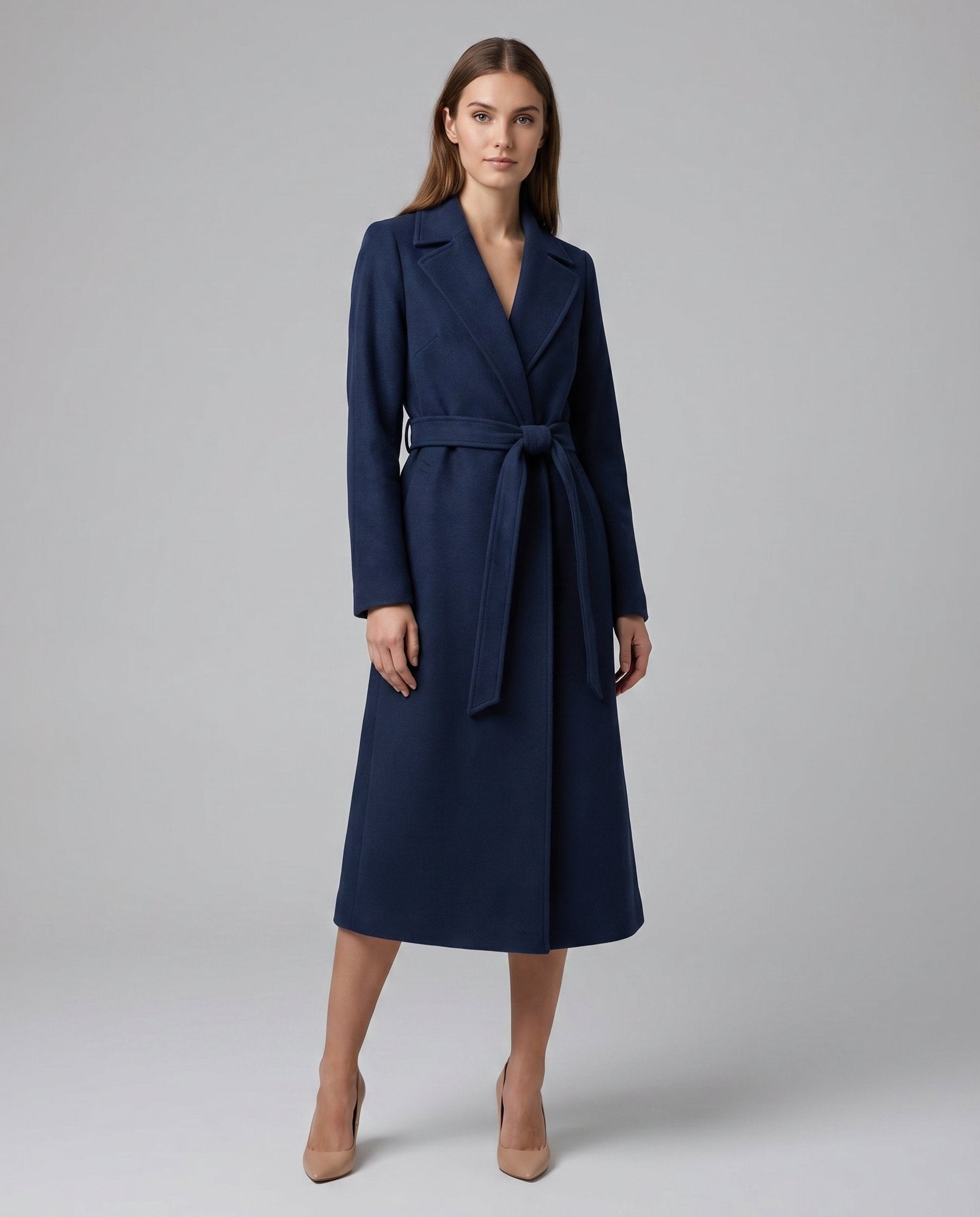 Manteau long ceinturé à revers structurés pour femme – vue 2