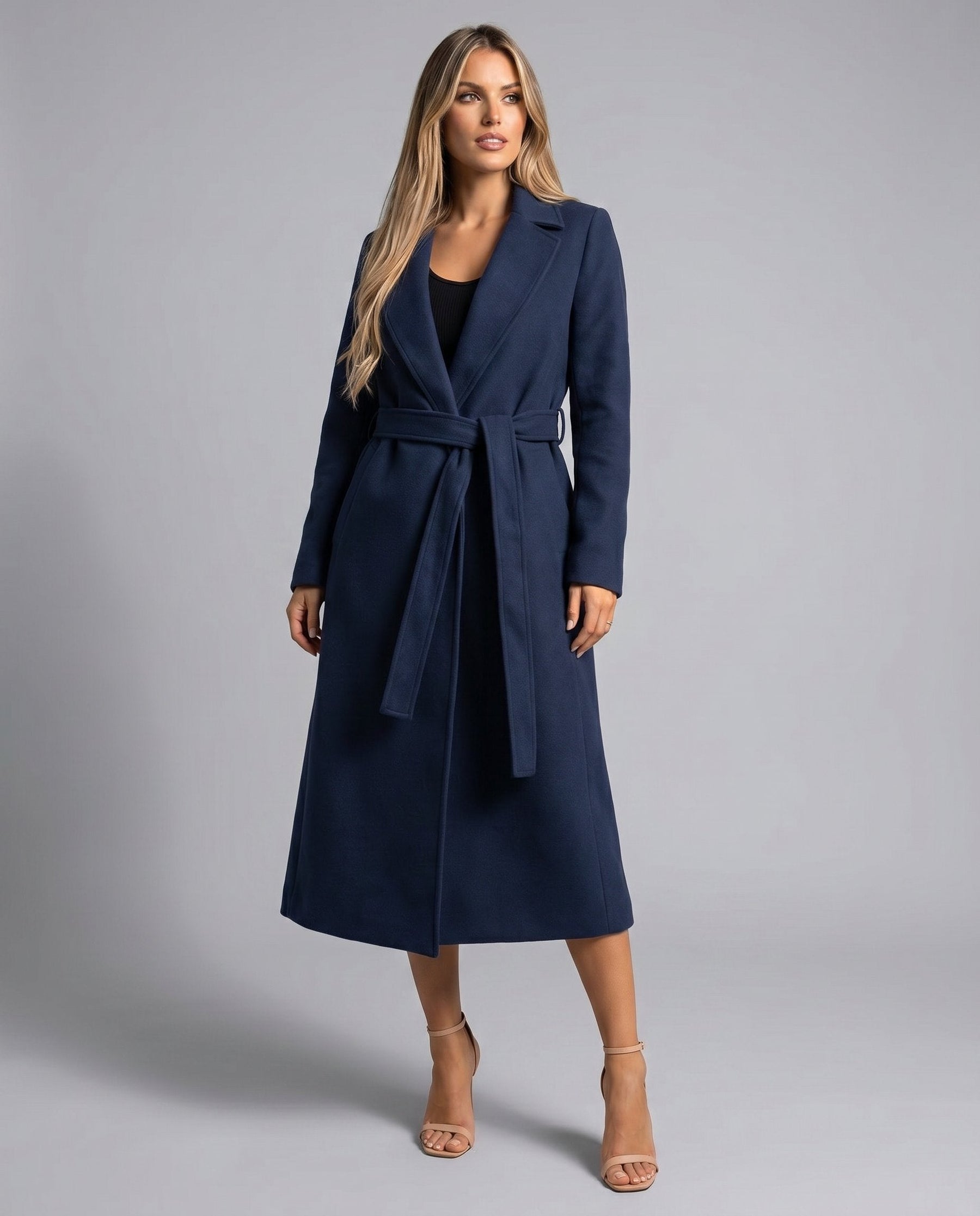 Manteau long ceinturé à revers structurés pour femme – vue 3