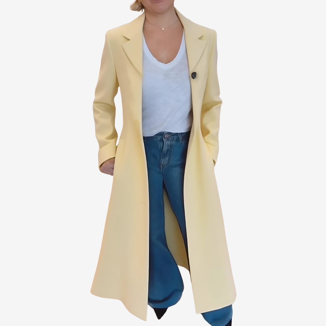 Manteau long imprimé léopard col tailleur jaune pour femme