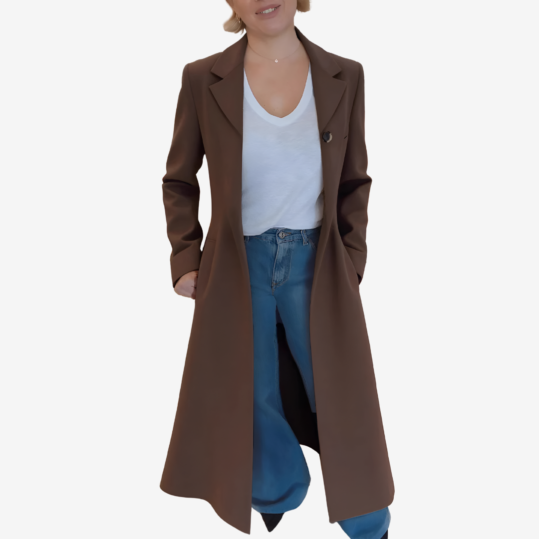 Manteau long imprimé léopard col tailleur marron pour femme