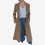 Manteau long imprimé léopard col tailleur marron clair pour femme