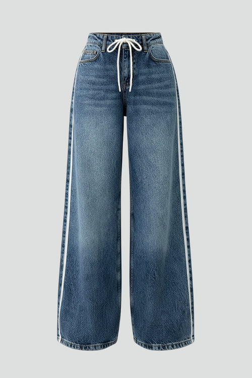 Medium blue wide leg jeans with drawstring waist, front view on flat background