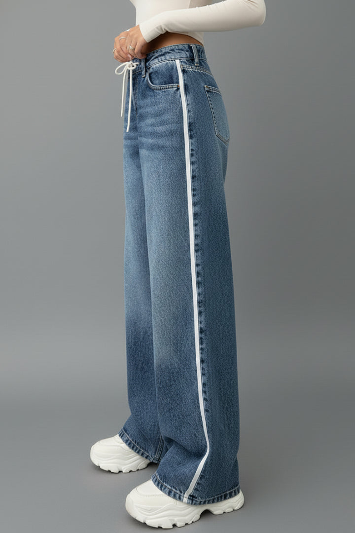 Medium Blue Denim Wide Leg Jeans with Drawstring Waist for Women