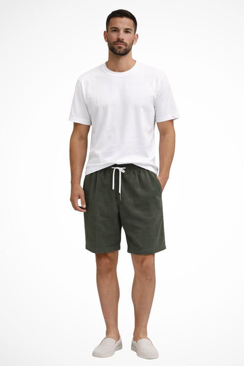 Men's corduroy relaxed shorts with drawstring waistband, front view
