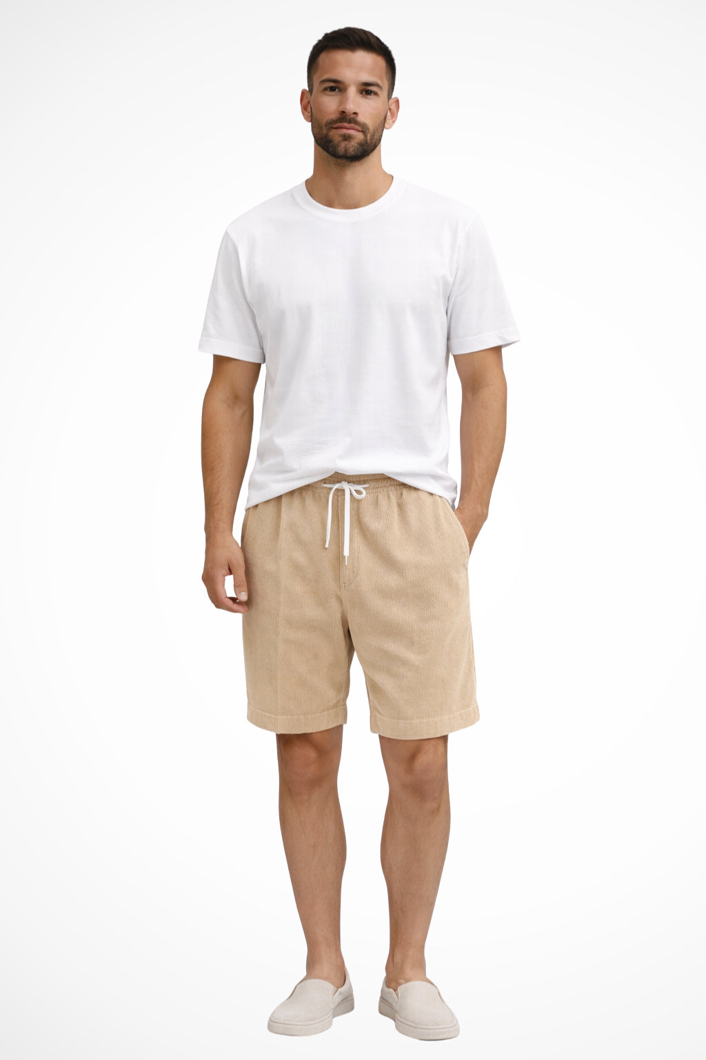 Side profile of relaxed fit corduroy shorts on model