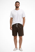 Full-length side view of relaxed corduroy shorts