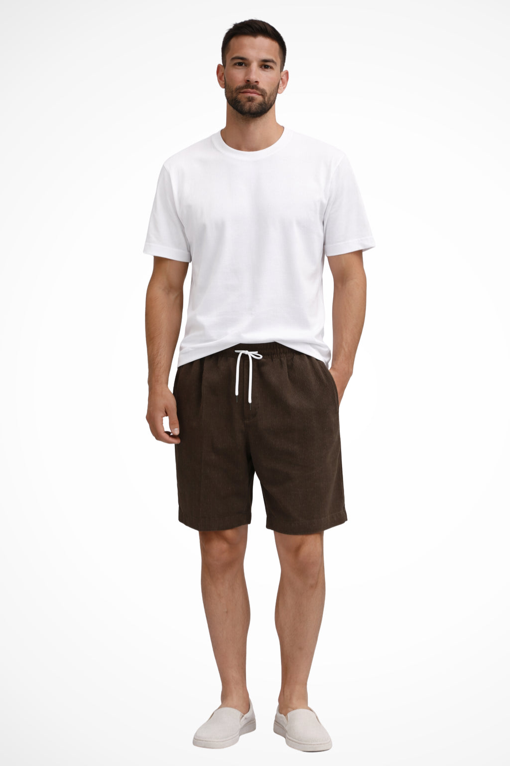 Full-length side view of relaxed corduroy shorts