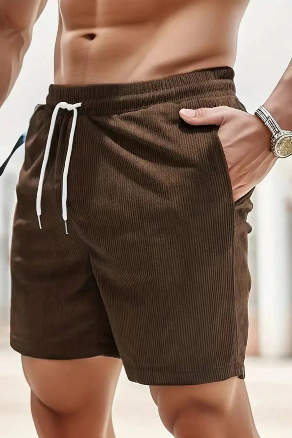 Angled front view showing shorts fit and length