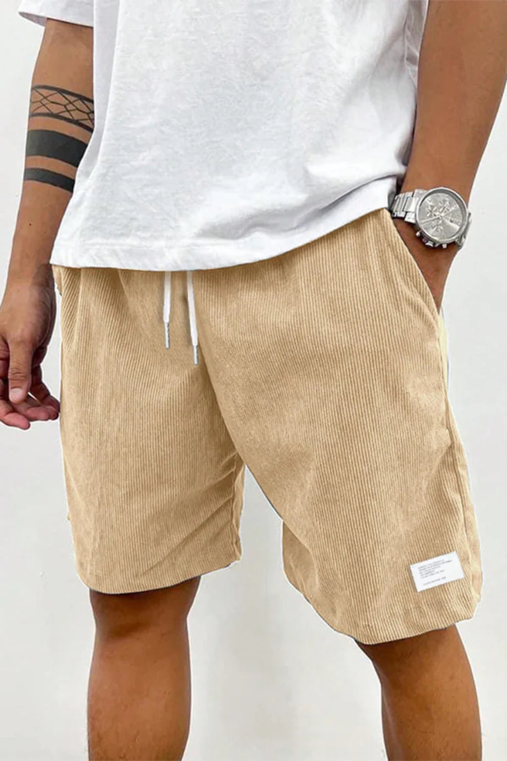 Back view of corduroy shorts with drawstring detail