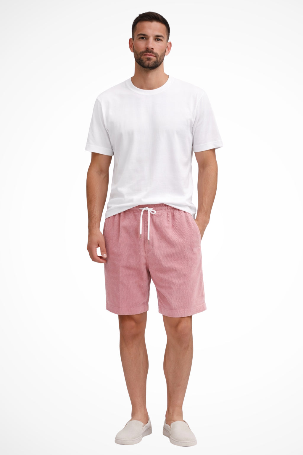 Flat lay of corduroy shorts showing full garment