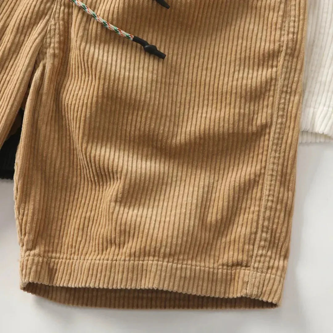 Close-up of corduroy texture and drawstring waistband