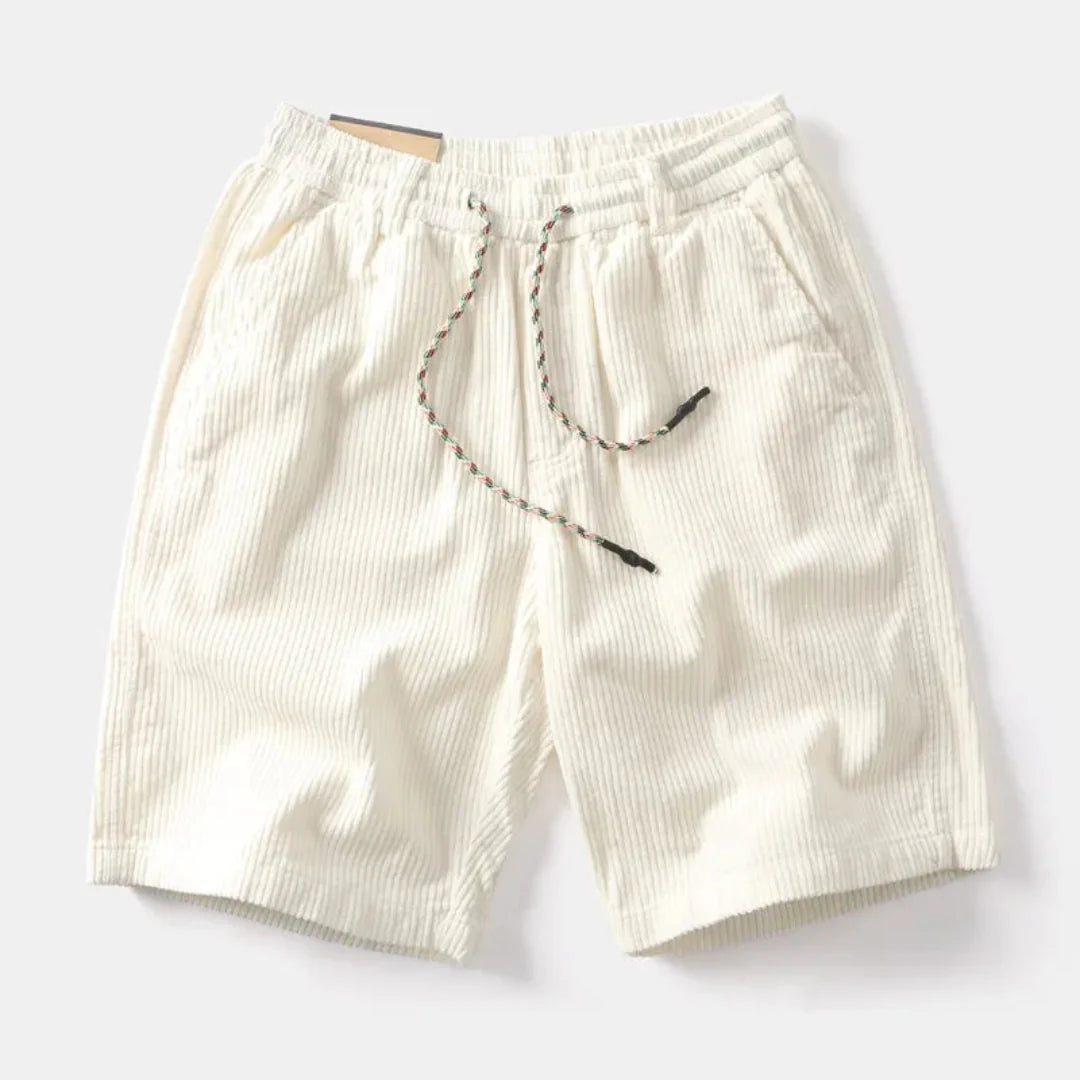Back view of corduroy shorts with side pocket detail